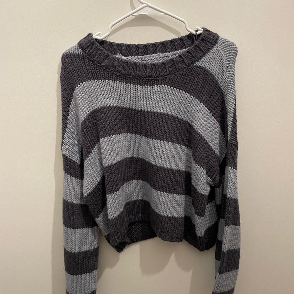 Striped light blue and navy  Cropped Knit Sweater - Women's